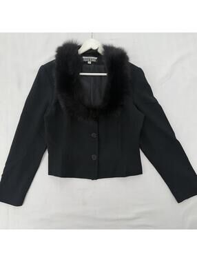 80s J. Percy for Marvin Richards Black Tailored Blazer Fox Fur Collar Size 10P